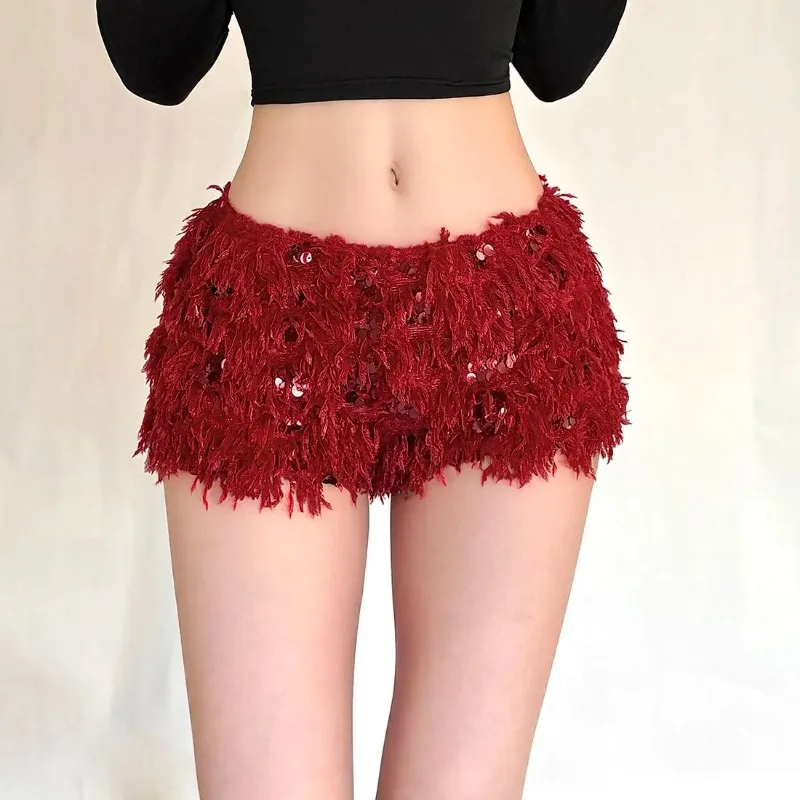 Womens Red Sequin Fuzzy Fringe Mini Shorts Low Waist Sparkly Party Hot Pants