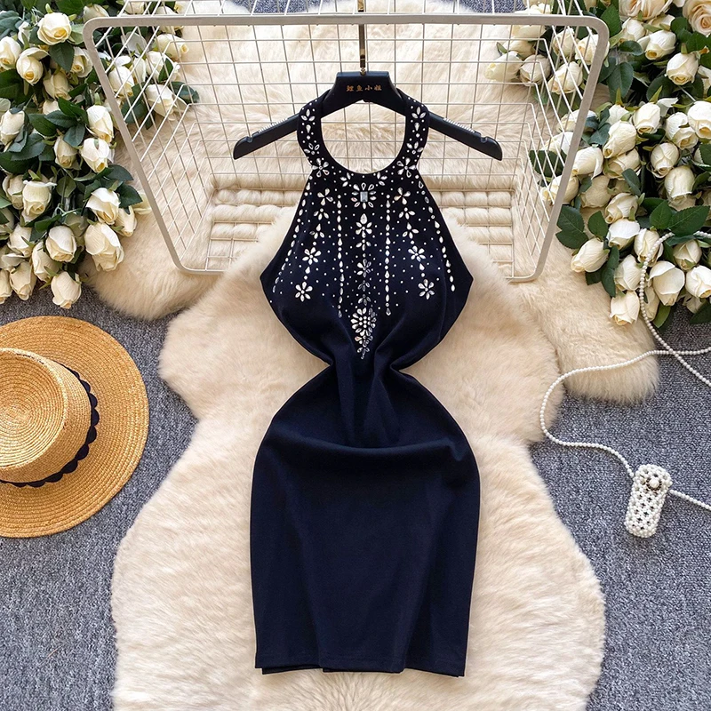 Light luxury heavy industry diamond inlaid hanging neck dress women's summer backless sleeveless temperament short skirt