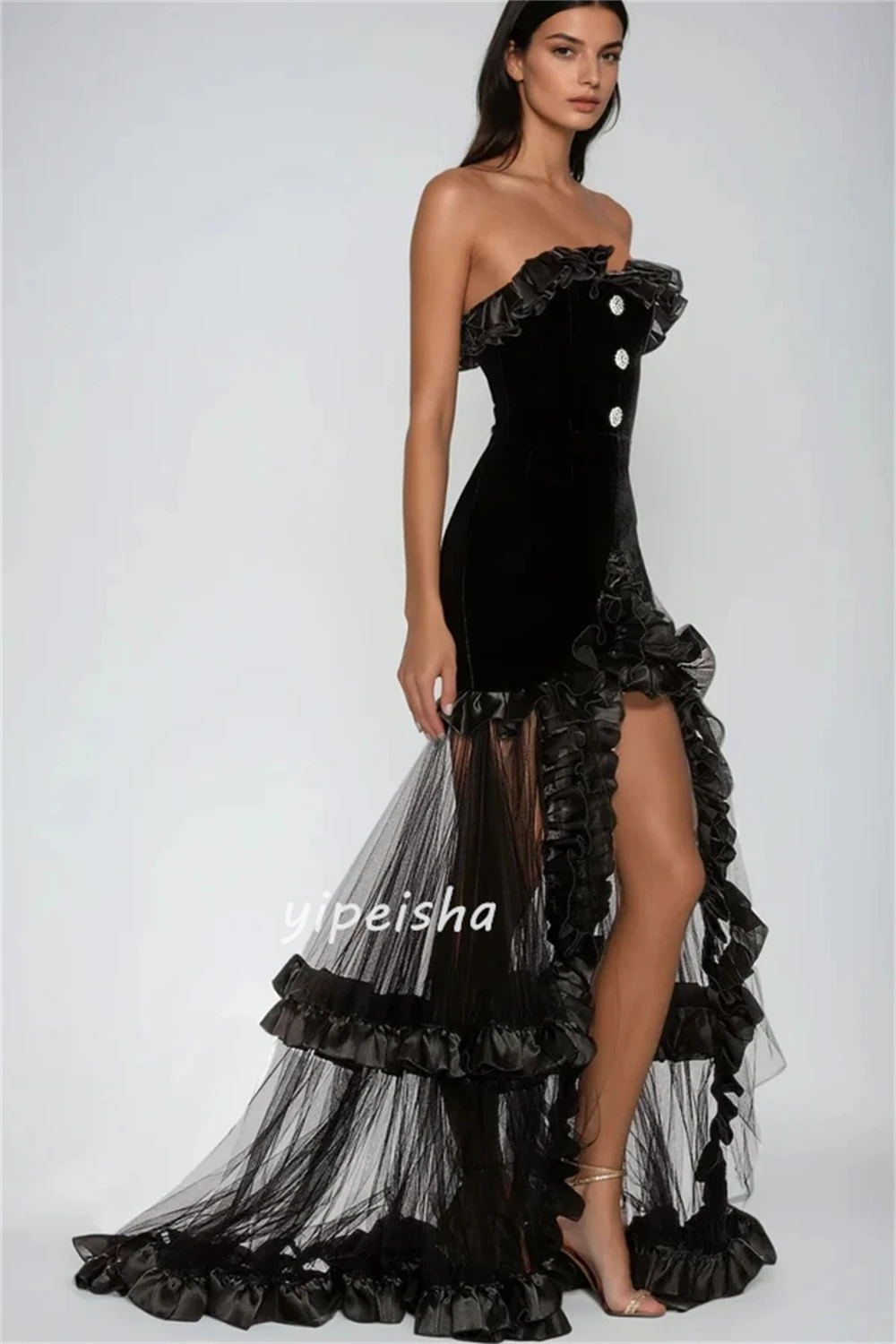 فساتين طويلة مخصصة على الطراز الحديث من القطيفة بحجر الراين مكشكشة على شكل حرف a بدون حمالات فساتين مناسبة مخصصة بجودة عالية #4