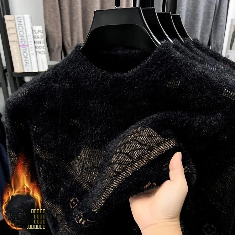 

Мужской зимний утепленный вязаный свитер из искусственного меха с высоким воротником, теплый, шерстяной, с интегрированным дизайном, с длинными рукавами