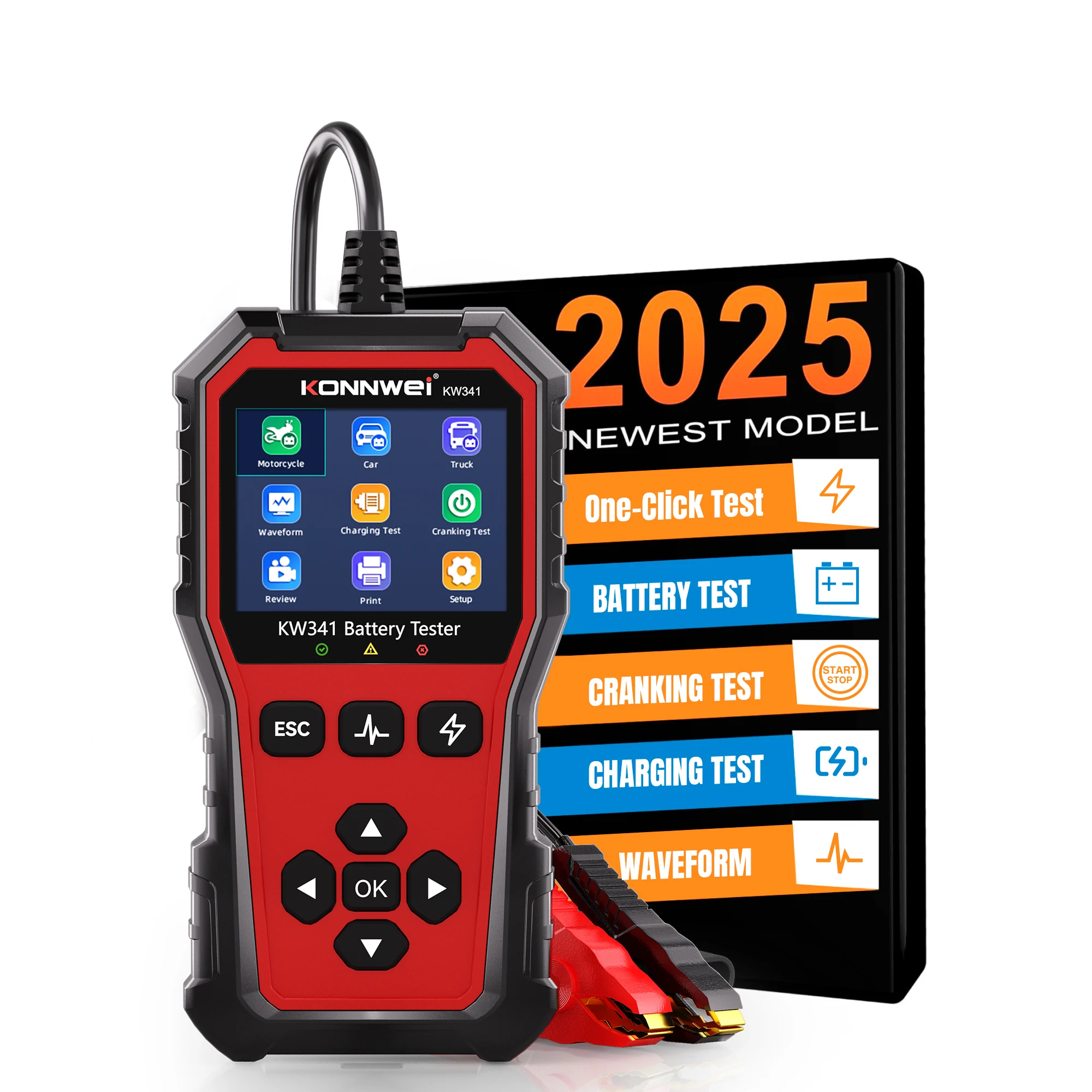 2025 KONNWEi 6V-12V-24V autó akkumulátor diagnosztikai eszköz akkumulátor indítási feszültség teszt adatok nyomtatás autó akkumulátor töltés szkenner eszköz