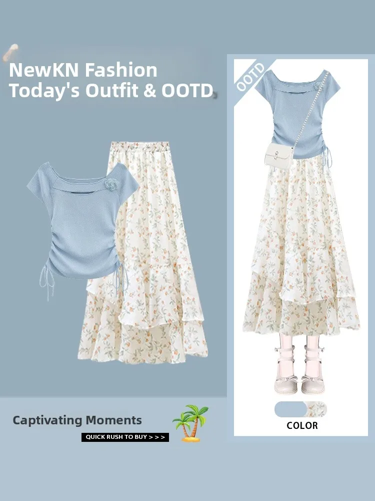 

Drawstring Floral Print Slim Fit Top And Half Skirt Set Women's Summer Fashion T-Shirt with Irregular Hemline Versatile Outfit
