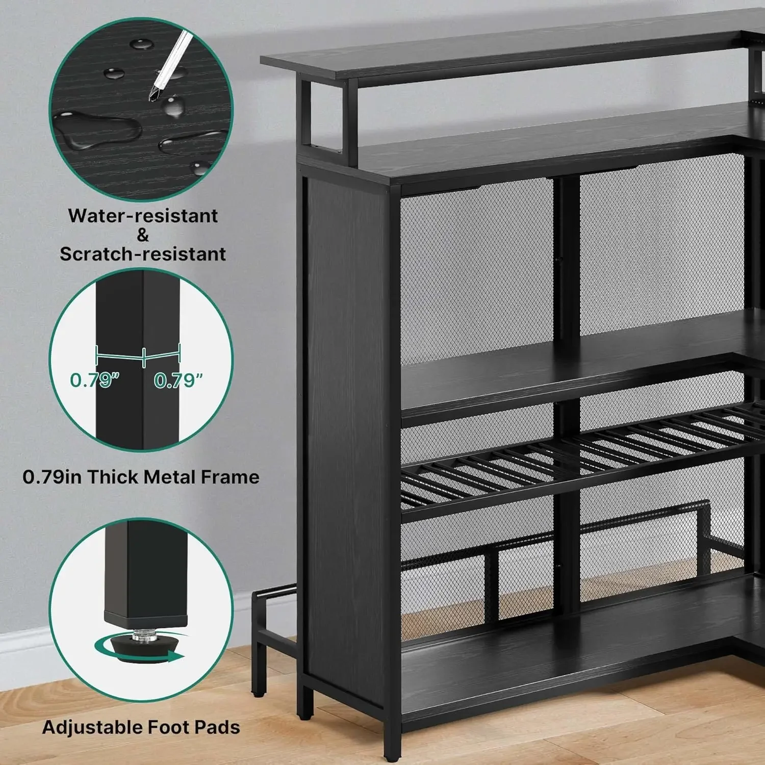 Shaped Mini Home Bar Unit for Living Room with Music Sensing LED Light, Tall Bars Furniture Table with Wine Rack