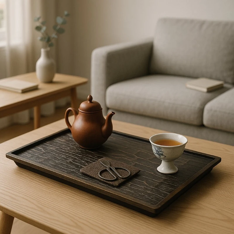 

Wabi-Sabi Charred Wood Tea Tray, Rectangular Dry Tea Table, Natural Wood Storage Tray for Tea Set, Smoked Wood Serving Board