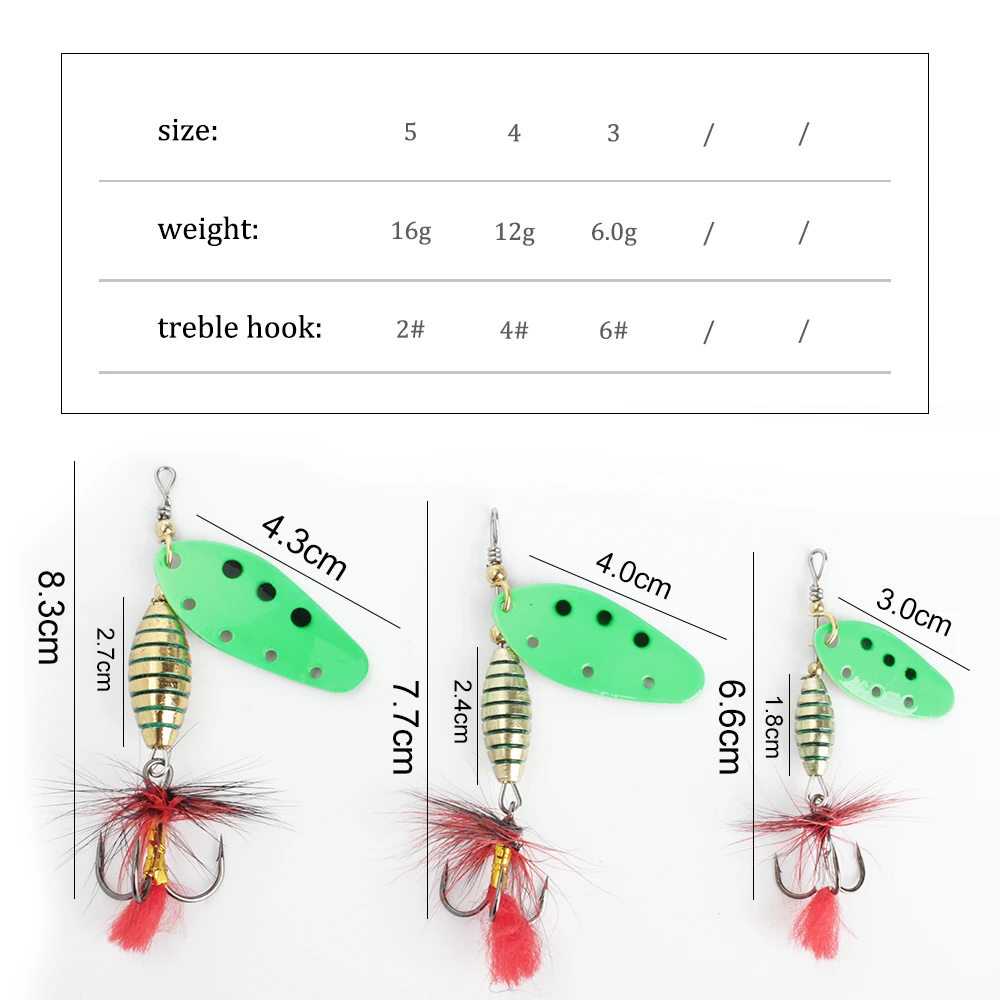 FISH KING 1PCS/2PCS Spinner Lure 6g/12g/16g Bait Metal Brass Spoon Hard Lure Feather Treble Hook Fake Lure Fishing Tackle Pesca