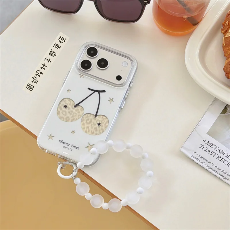 Y2K Leopard Heart Cherry Phone Case For iPhone 15 16 17 ProMax Silver Star Print Clear Glossy Cover With Frosted White Bead