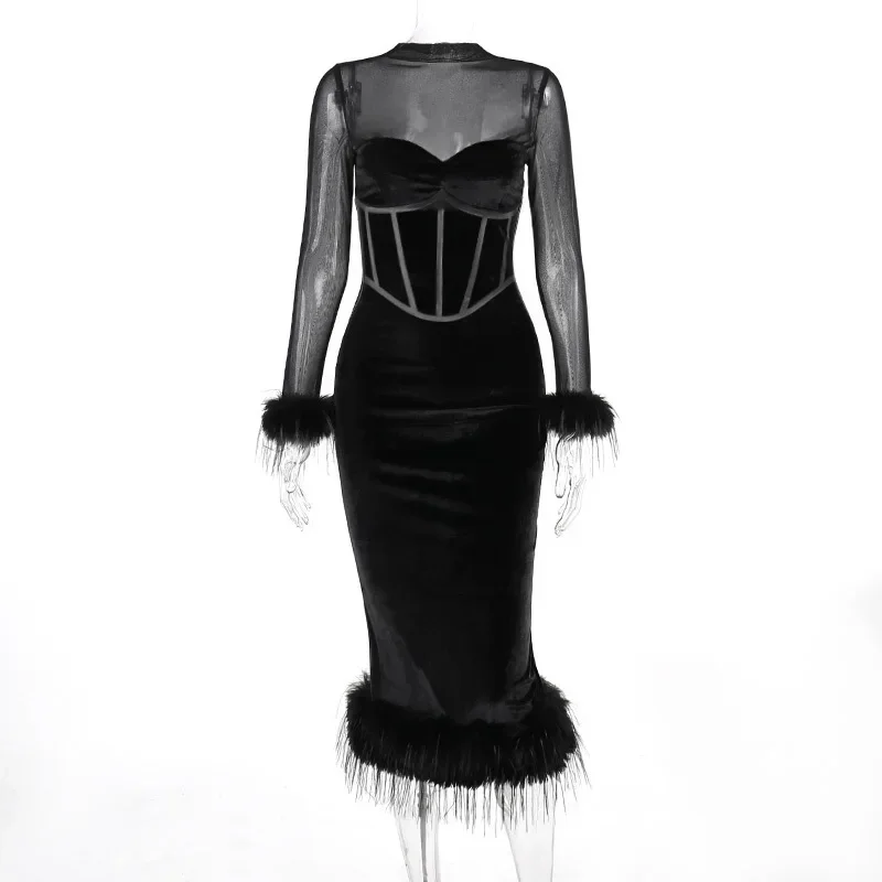 Mozision-Jupe en plumes noire pour femme, manches monochromes transparentes, robe longue dos nu, club de fête, nouvelle mode élégante, CSM2YL23648