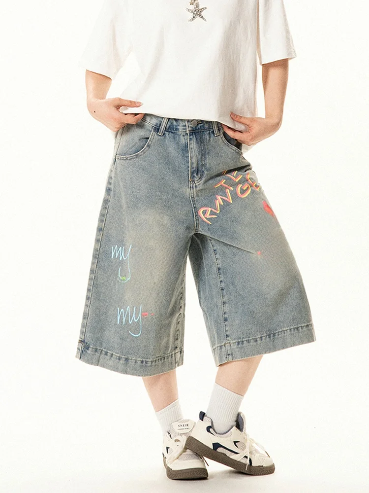 

Джинсовые шорты с принтом в стиле ретро, женские летние свободные шорты с широкими штанинами длиной семь четвертей, универсальные повседневные модные шорты