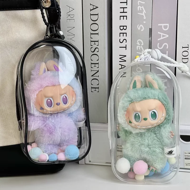 Caja organizadora de funda protectora transparente colorida para muñecas Labubu V3 de 17cm, bolsa de exhibición para exteriores con llavero, accesorios para muñecas