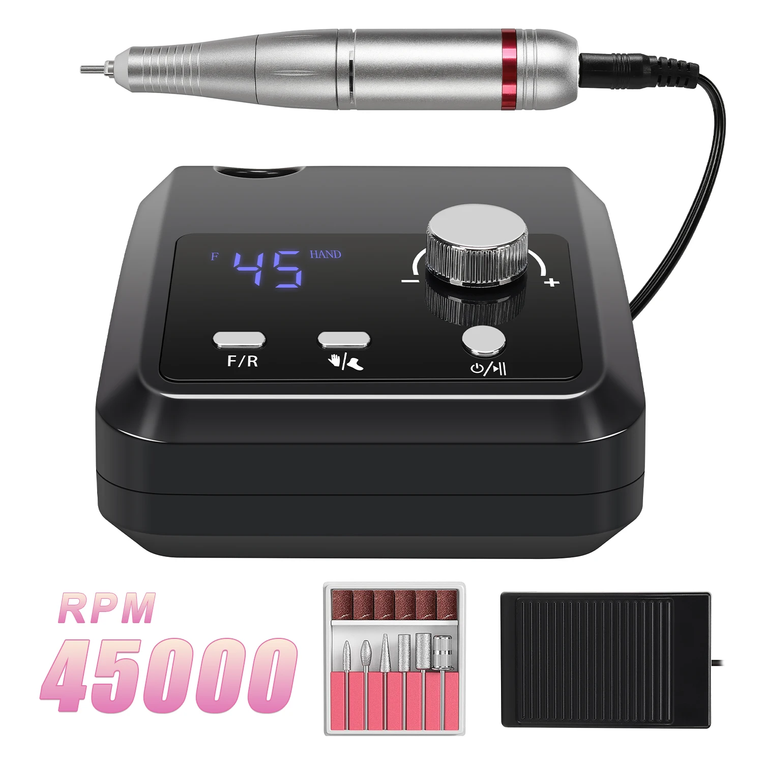 

45000RPM Nail Drill Machine Professional Nail Lathe with Large LCD Screen Electric Manicure Polisher Nail Sander Nail Art