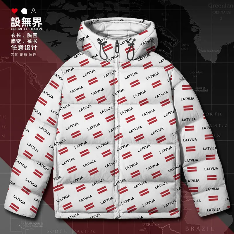 Latvia Latvija Latvian LVA country flag White duck down Jackets Warm stand collar fashion Man Outdoor Design Winter down coat