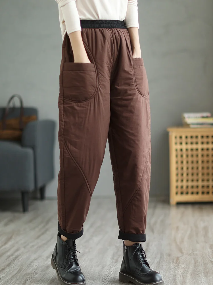 ارتفاع الخصر Thiened القطن هارلان السراويل النسائية ملابس خارجية عارضة السراويل الطويلة الدافئة الرجعية اللون كولون ربيع الخريف الشتاء