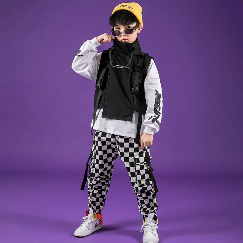 Boys Hip Hop High Collar Vest Sweatshirt Plaid Joggers Outfits Girls Cargo Pants Clothes Sets Child Jazz Costume Kids Streetwear