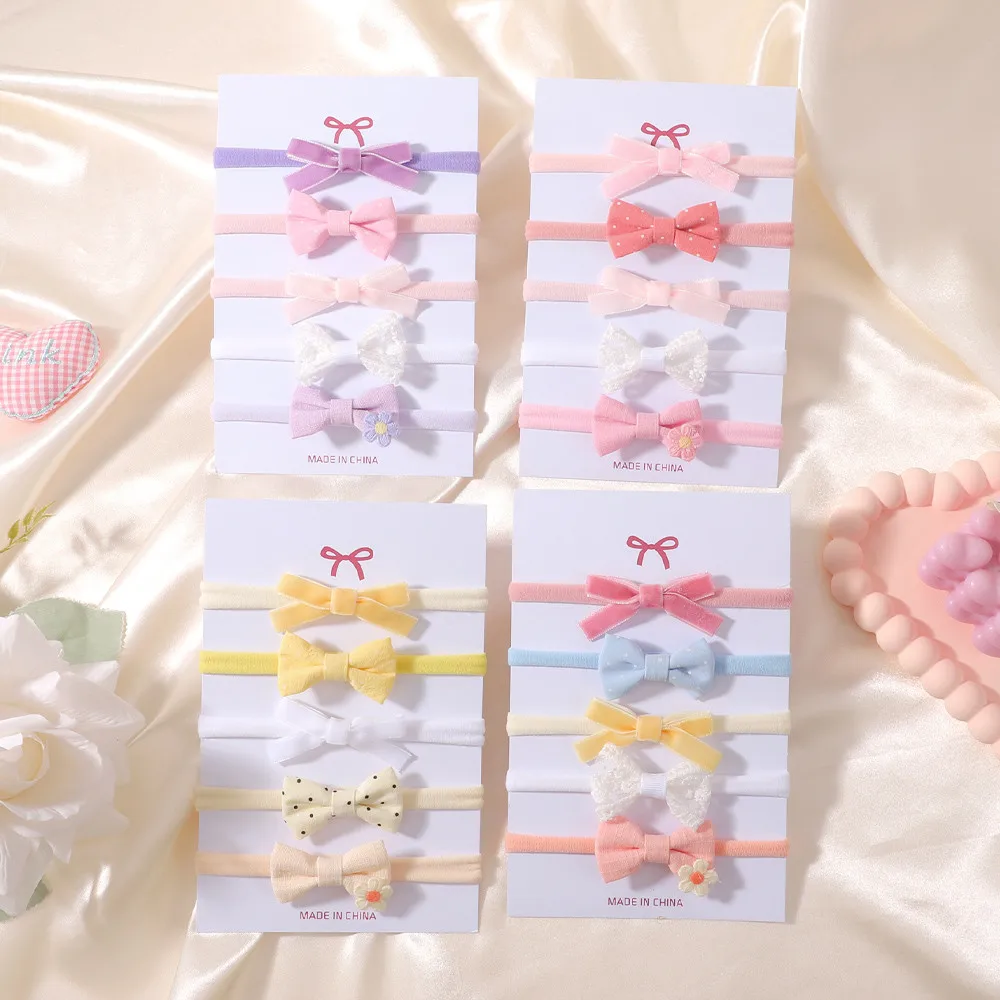 Juego de 5 Diademas con Lazo para Bebé, Lazo de Encaje de Satén Mixto, Diademas Elásticas Delgadas de Nailon Suave, Accesorios para el Cabello de Niñas Recién Nacidas