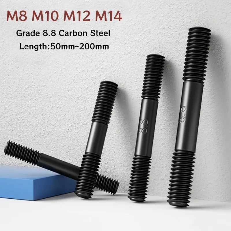 

Black Double End Thread Rod M8 M10 M12 M14 Grade 8.8 Steel Headless Stud Bolts Dual Head Threaded Bar Screws Length 50~200mm