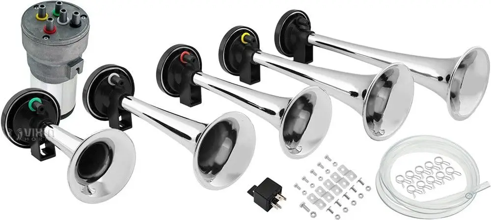 

Громкий 5-трубный воздушный гудок La Cucaracha с компрессором, полная 12-вольтовая система в хромированном исполнении