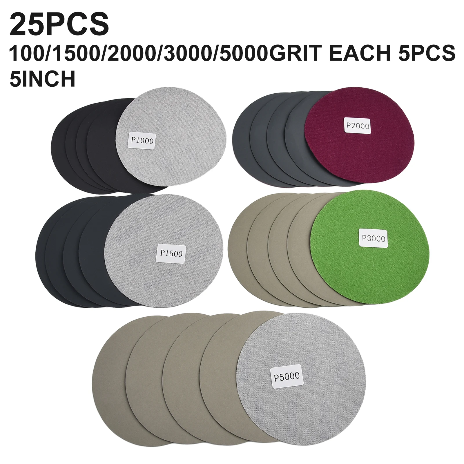 

25 шт. абразивных кругов для влажной и сухой шлифовки с фетровой основой, зернистость 1000, 1500, 3000, 5000 грит, диаметр 2/3/4/5/6 дюймов
