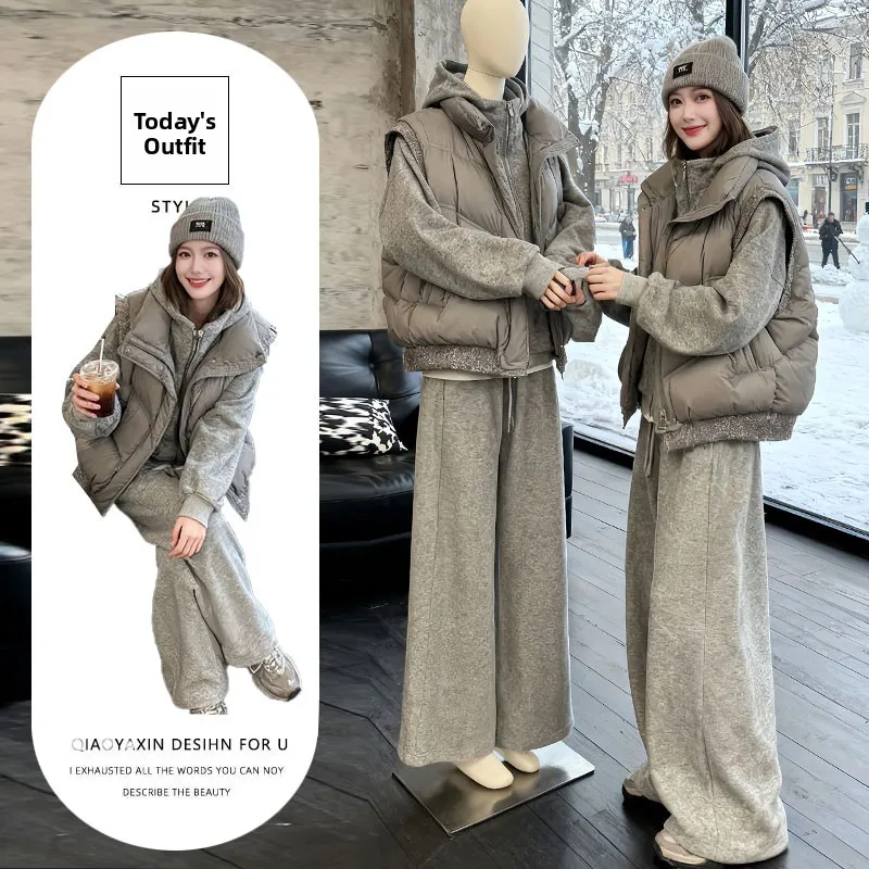 

Winter Fashion plus Size Three Piece Set Sweatshirt Casual Pants Stand Collar Layering Cotton Vest Big MM Clothing