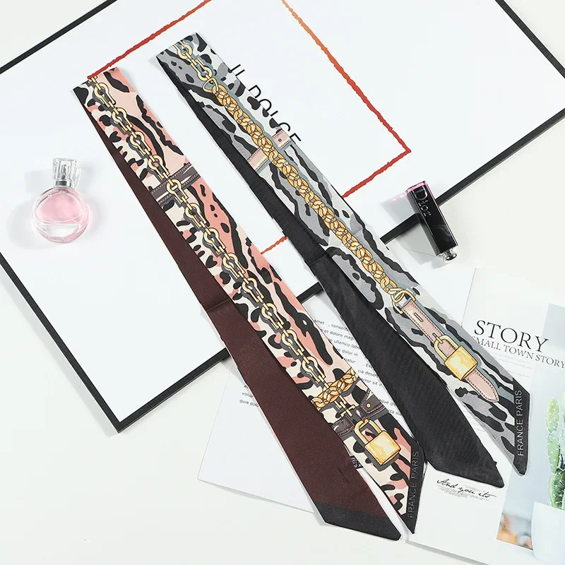 Leopard Chain Lengthen Silk Skinny Scarf for Hair Ribbons Women Decoration Twill Silk Wrapping Bag Ties Silk Scarf Small Scarves