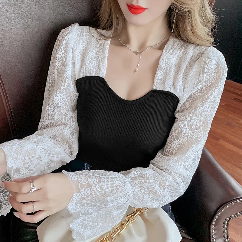 

Fashion Knitted Lace Long Top Women's Dress 2023 Design Sleeve Shirt Vintage Clothes for Women Tops Shirts Blouses
