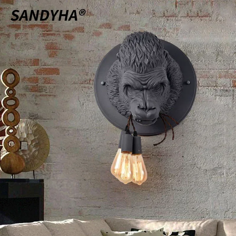 SANDYHA Modern Creative Personalized Resin Gorilla Wall Lamp Retro Animal LED Bedroom Bedside Home Decor Wall  Lighting  Fixture