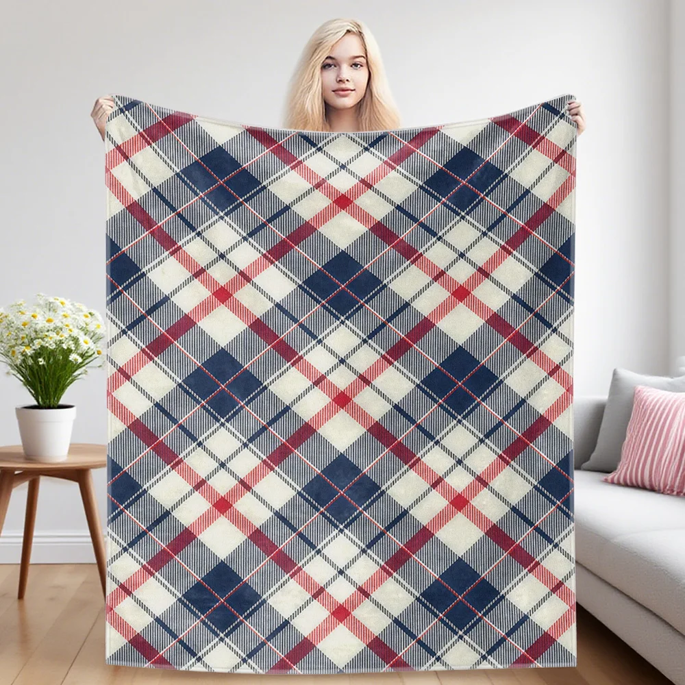 Red Navy Diagonal Plaid Flannel Blankets Are Suitable For Sofas, Men's Room Decorations, Thick And Warm Gifts For Teenagers