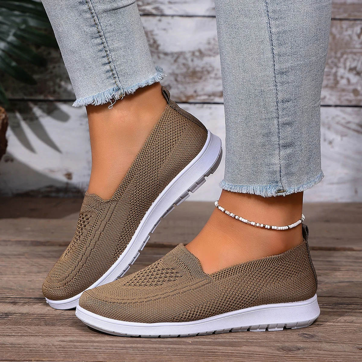 Leichte Damen-Strick-Flachschuhe, Slip-On-Sneaker, atmungsaktive Low-Top-Turnschuhe, Wanderschuhe mit hohler, weicher Sohle – Detail 7