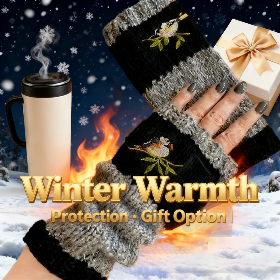 Embroidered Bird Half Finger Gloves, Windproof Knitted Fingerless Gloves for Women, Y2K Patchwork Winter Mittens
