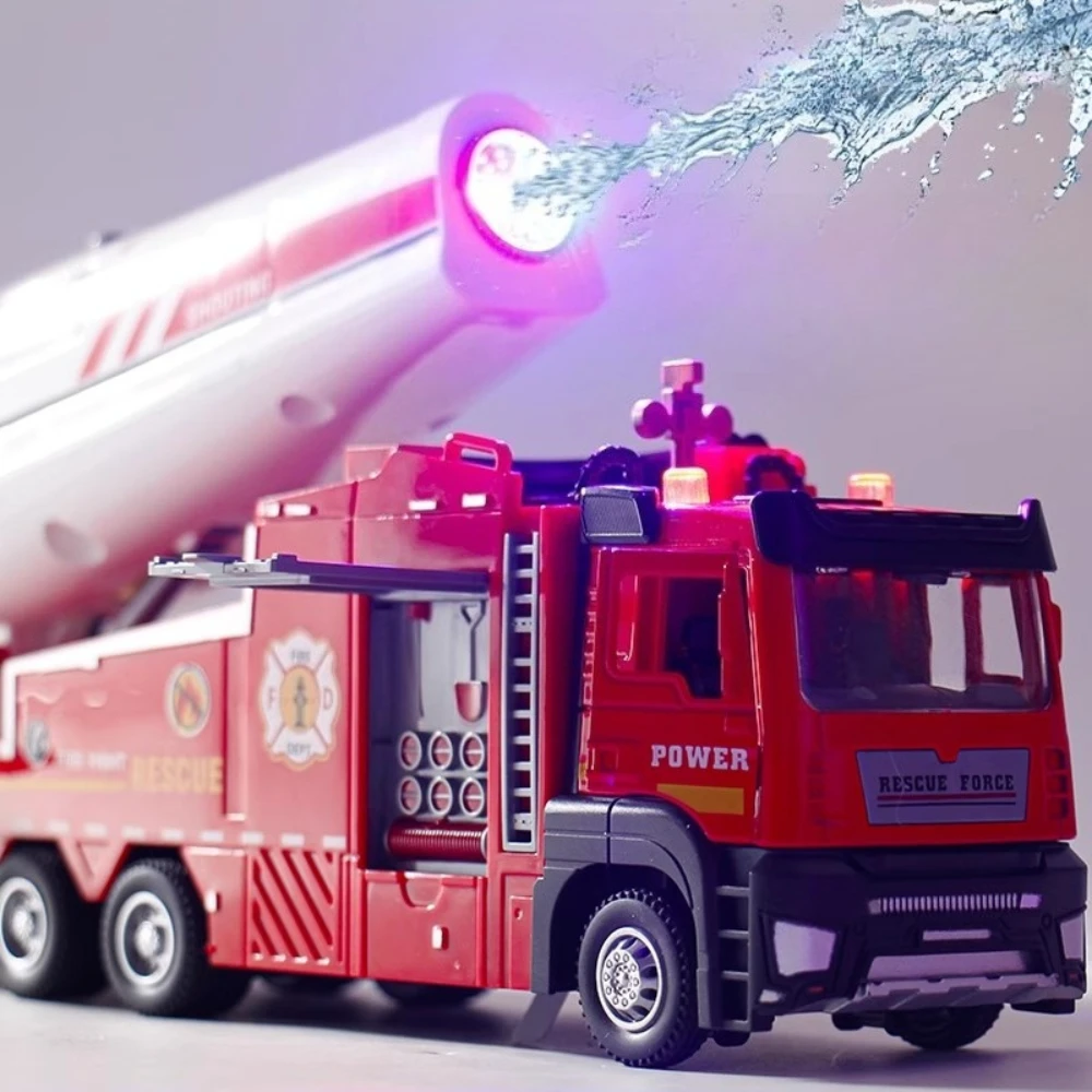 

1:32 Scale Fire Truck Model Car Toy 2 Doors Opened Electric Water Spray Metal Diecast Vehicles with Pull Back Toys for Kids Gift