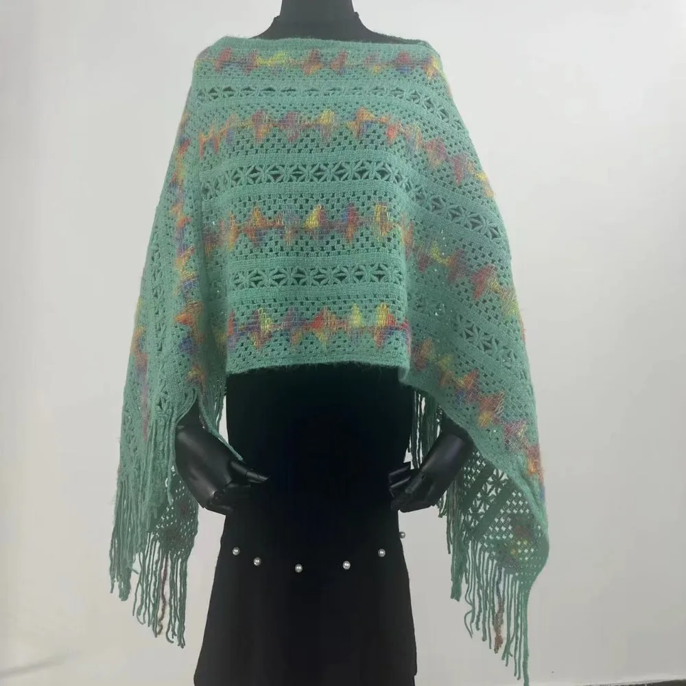 

Модный вязаный пуловер в этническом стиле, шаль, зимняя теплая элегантная полосатая шаль с кисточками, пальто, накладки, женская мода