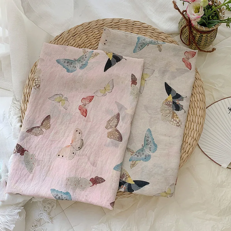 Butterflies Print on Beige Pink Fabric for Chinese Style DIY Summer Clothing Pants Shirt Dress, 142CM White 110G/M2 Fabric Y200