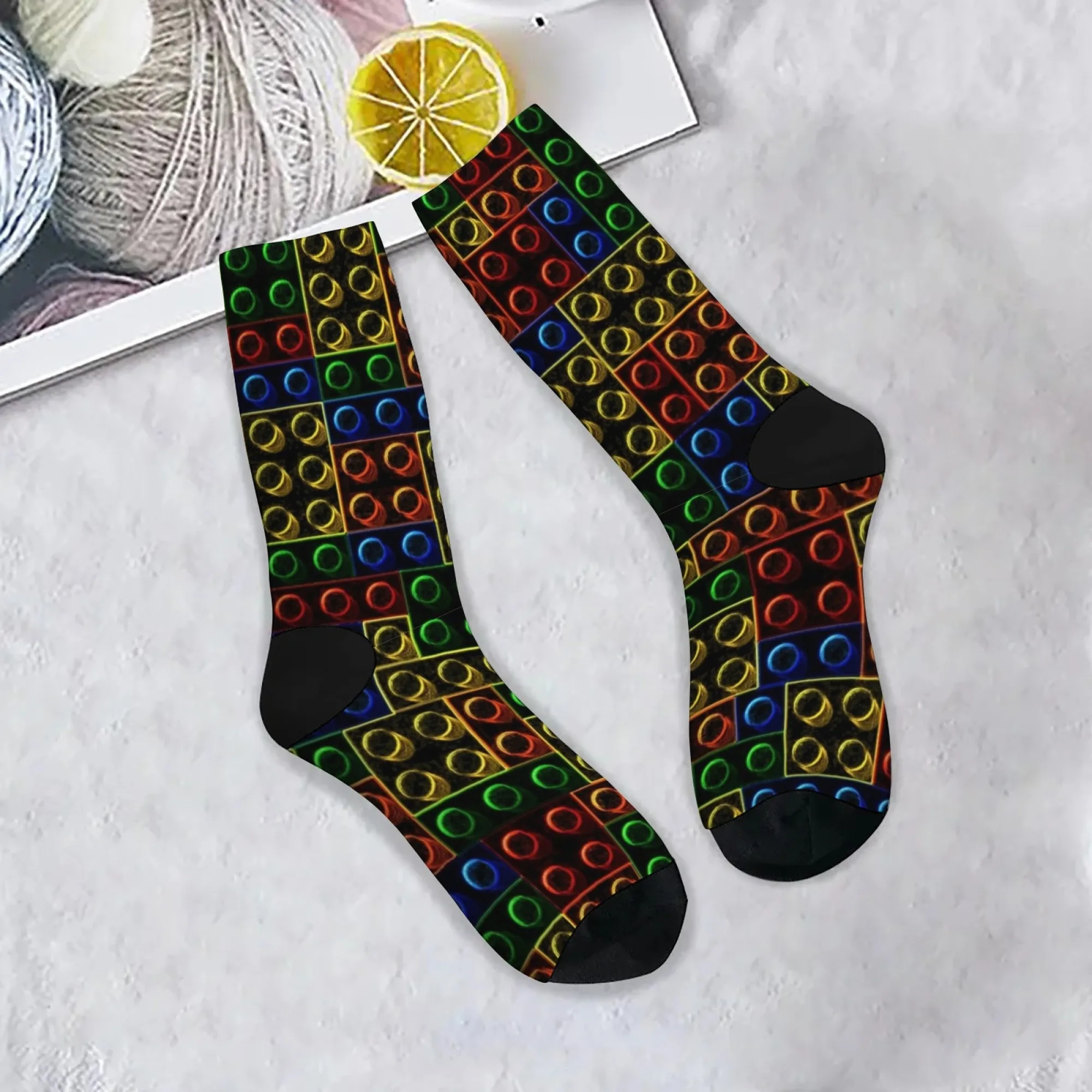 Colorful Building Block Socks Skin-friendly Breathable Smooth Men's Socks Fitness Hiking Camping Retro Street Hip-hop Crew Socks