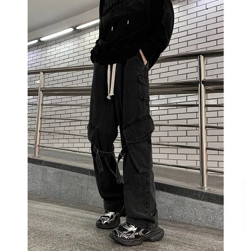 Retro straight leg jeans men and women trend loose pockets wide legs American street style personalized casual workwear pants