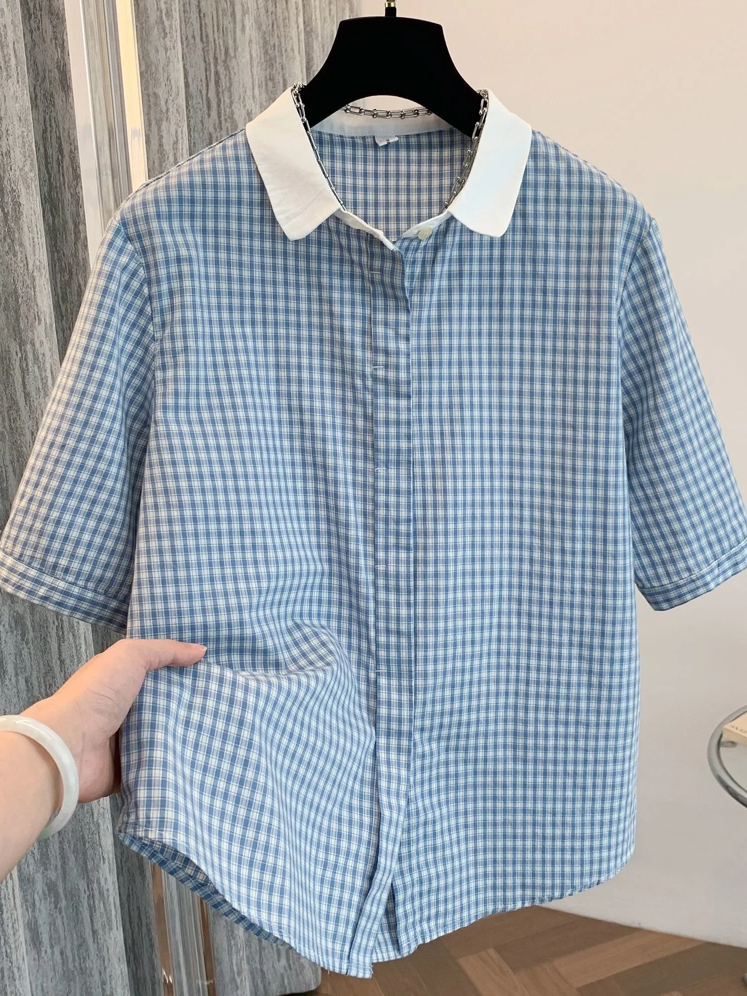 

Korean Style Blue Plaid Collar Casual Short Sleeve Women's Shirt Fashionable Youthful Summer Top Breathable Cotton Blend