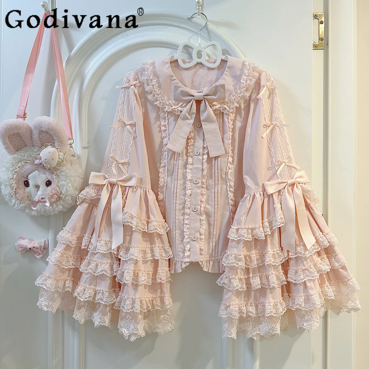 

Original Japanese Lolita Pink Ji Sleeve Cotton Shirt Spring and Autumn New Kawaii Girl's Sweet Bow Lace Splicing Blouses Tops