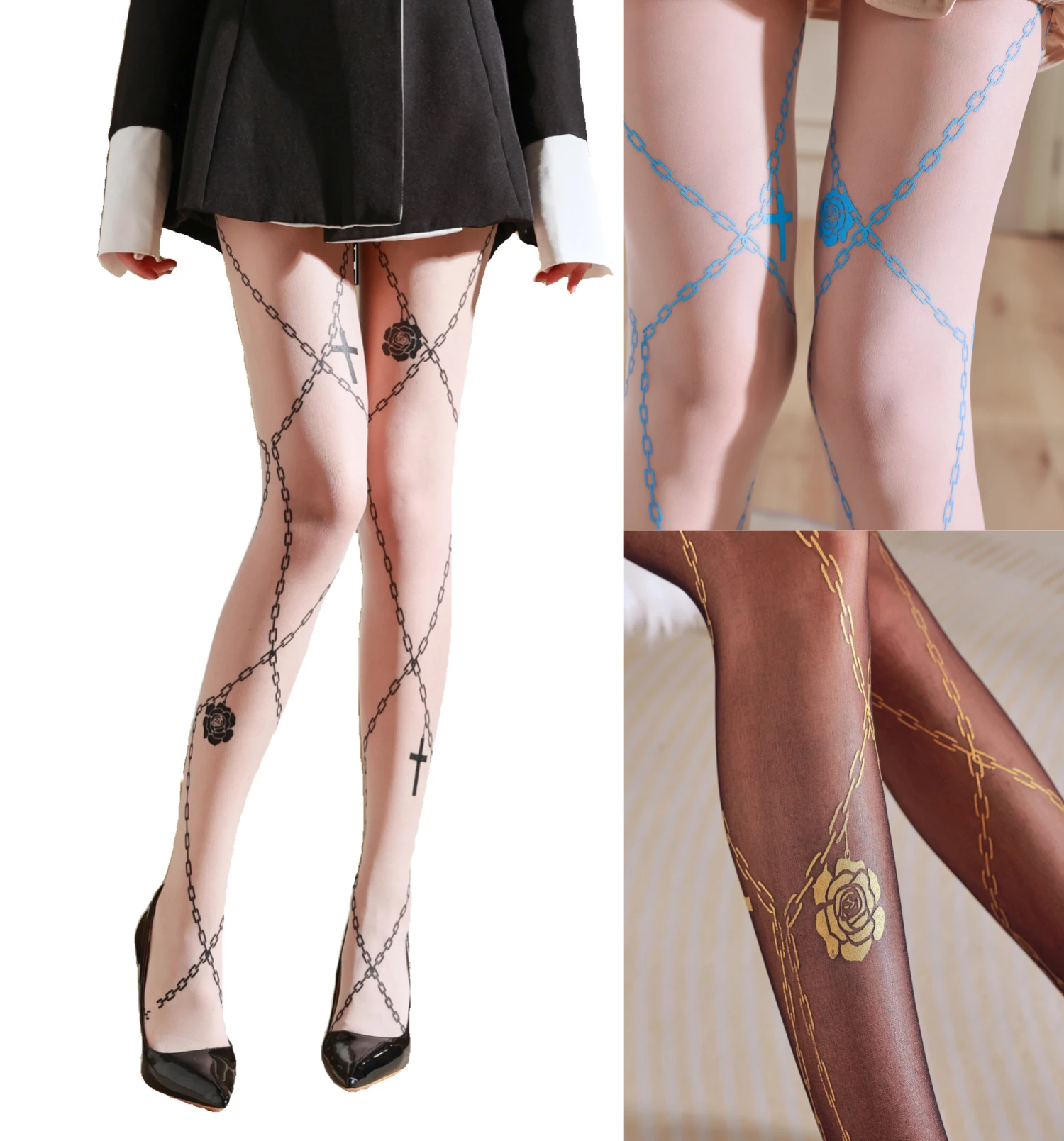 

Elegant rose and cross necklace New Designs tights print pantyhose for womens sheer white blue gold stockings