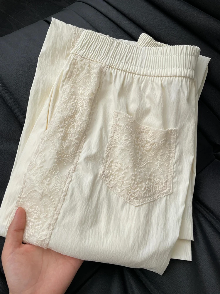 Chinese Style Embroidered Lace Patchwork Wide Leg Pants Women Summer Loose Slimming Elastic Waist Drapey Straight Casual Trou...