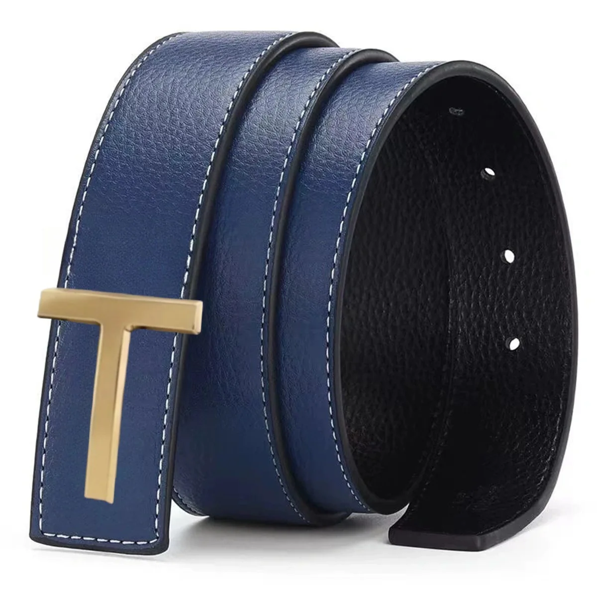 Men's Cowhide Reversible Belt Stainless Steel Initial T Smooth Buckle Double Sided Black Coffee Casual Business Jeans