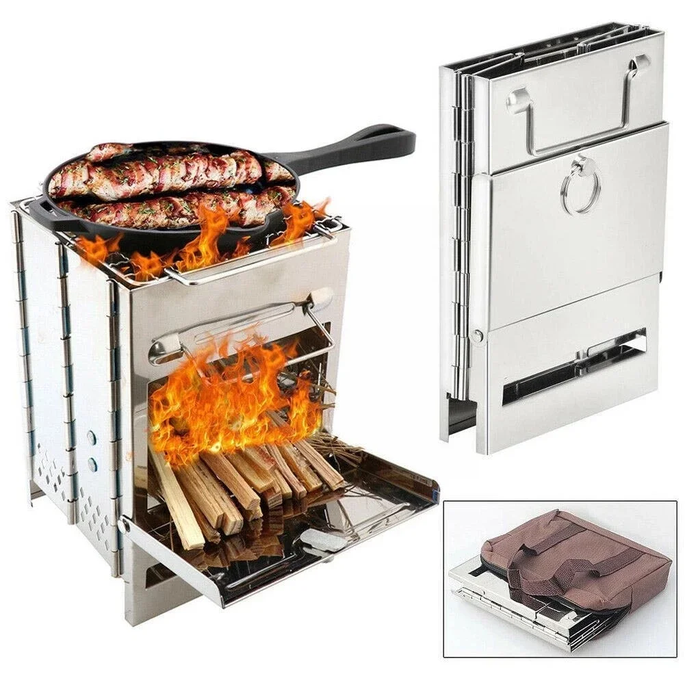 

Portable Outdoor Square Firewood Stove Mini Stainless Steel Oven BBQ Camping Picnic Folding Charcoal Stove Barbecue Grill