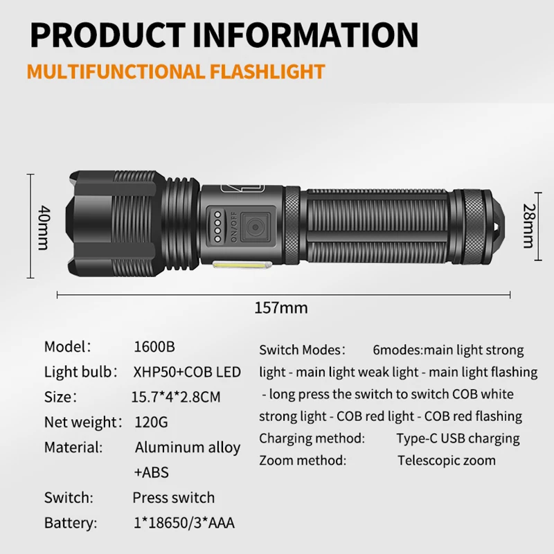 500000LM Led Flashlight XHP70.2 Super Bright Torch Camping Hunting Light Aluminum Alloy Waterproof Zoomable Lantern For 18650