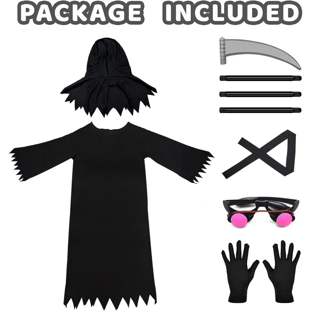 Grim Reaper Halloween Costume with Glowing Red Eyes for Kids, Scythe Included
