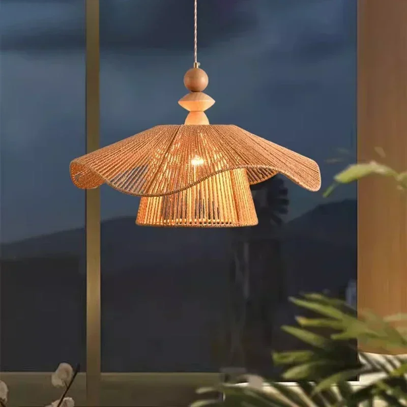 Japanes Wabi Sabi Hemp Rope LED Pendant Light Living Room Ceiling Hanging Lamp Bedroom Home Decoration Chandelier Lustre Fixture