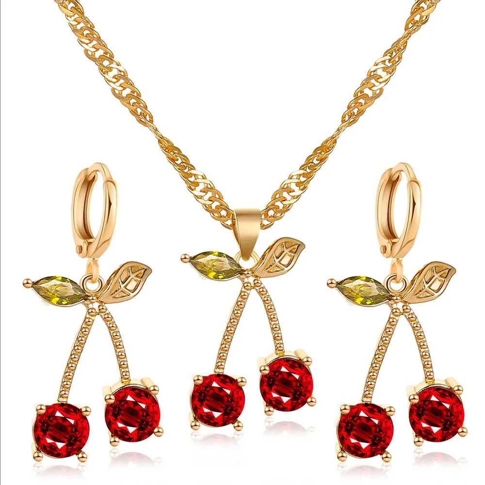 Luxury Wedding Dinner Party Temperament Jewelry Sets Bright Red Crystal Cherry Heart Pendant Necklace and Drop Earring for Women