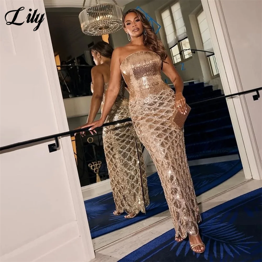 Lily Champagne Gold Prom Dresses Scale Sequin Strapless Mermaid Evening Dresses Luxury Party Dress Robe De Soirée Customized
