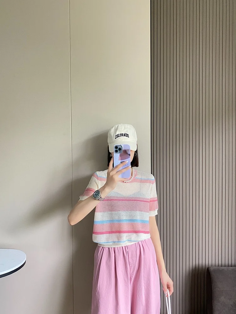 

Women's ort Sve Knitted Top round Ne Hollow out Loose Fit Summer New Sle Striped Color Blo Casual irt