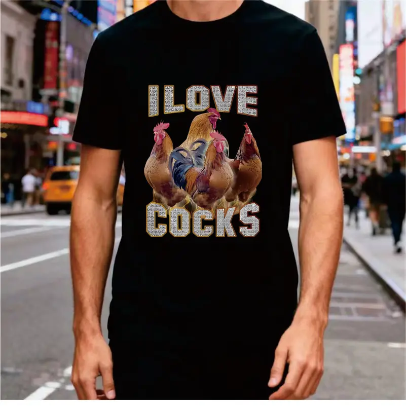 I LOVE COCKS Rooster Retro Printed Short Sleeve T-shirt American Farm Fun Pattern Men's and Women's Loose Round Neck Top