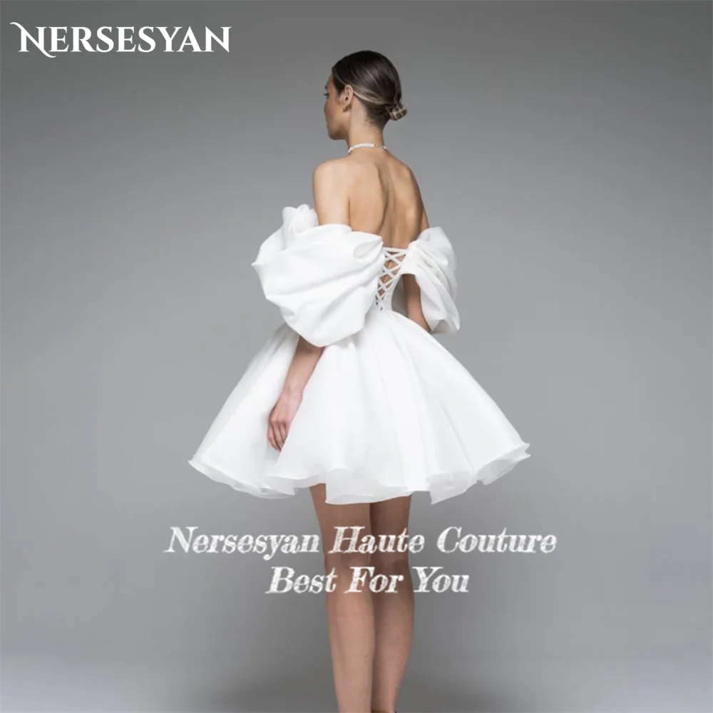 Nersesyan Solid Satin Mini Wedding Dresses A-Line Backless Ruched Off Shoulder Bridal Gowns Short Sleeves Bride Dress Plus Size