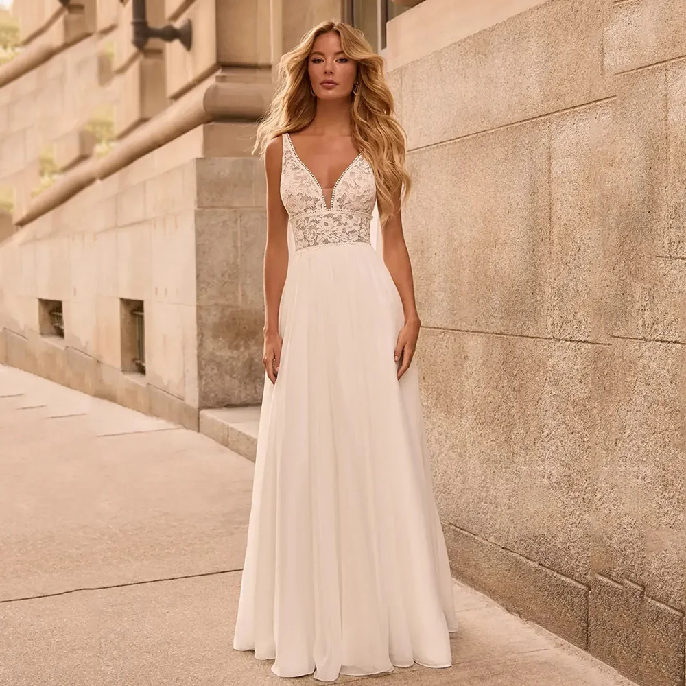 Customized Vintage Wedding Dress bride Sexy Deep V Neck Lace A Line Bridal Dress Open Back Draped Train Beach Bride Dresses