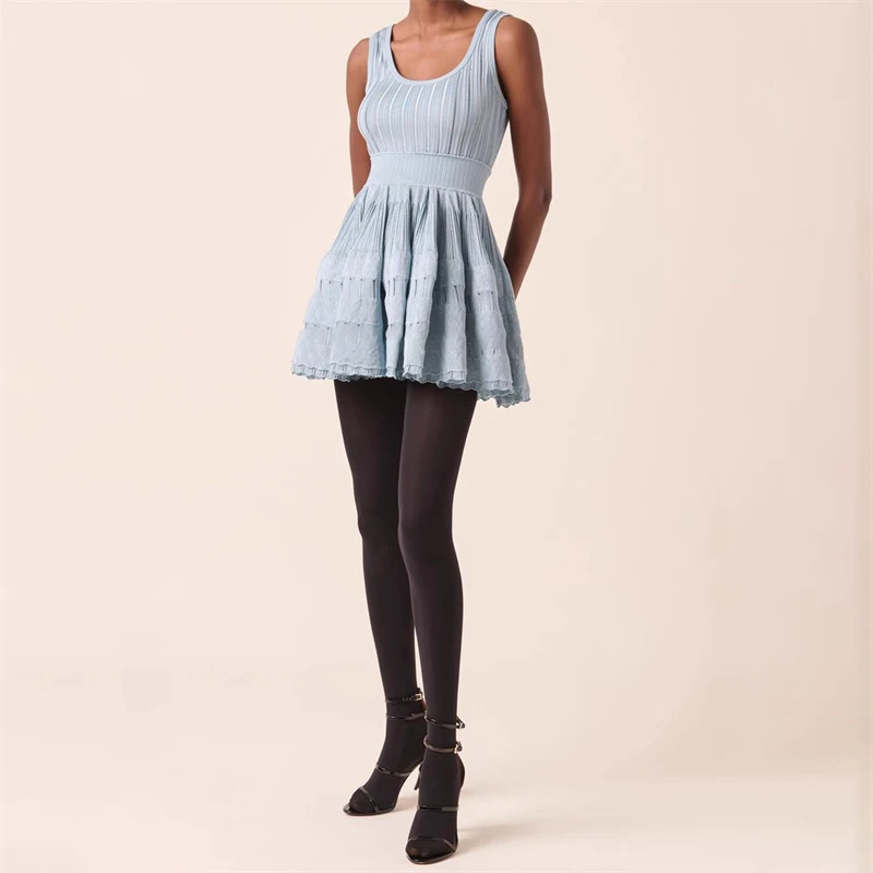 

Women's dress 2025 summer New elastic slim mini dress Sexy hollow out short dresses Sleeveless A-line cake dress party dresses