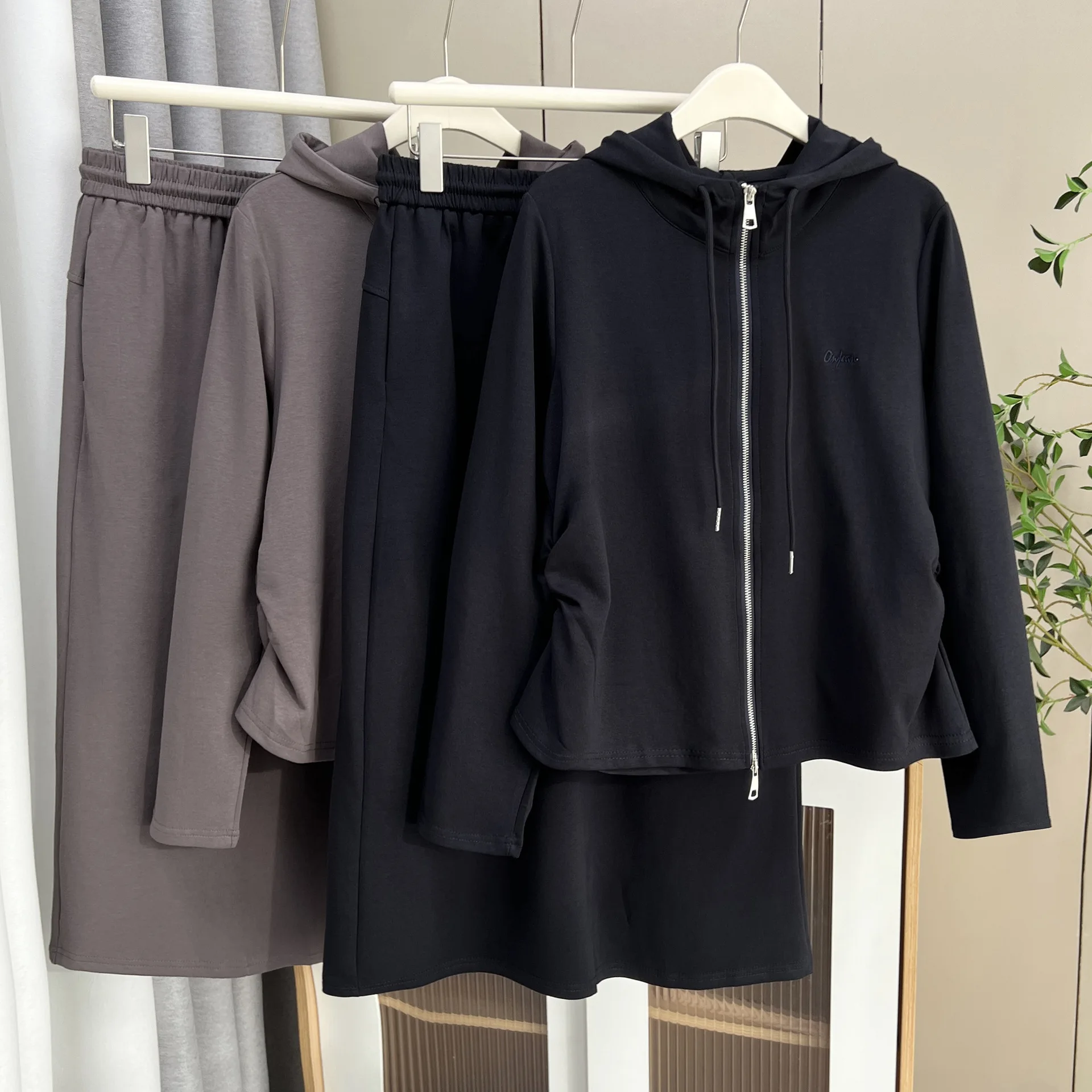 XXXXL moda plus size conjunto feminino outono novas roupas casuais com capuz zíper jaqueta e saia conjunto de duas peças